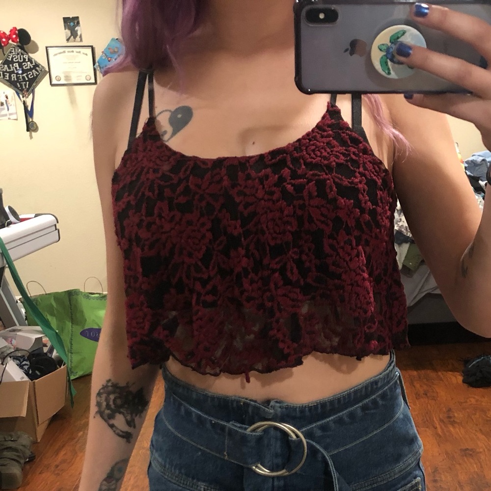 Red with black lace crop top